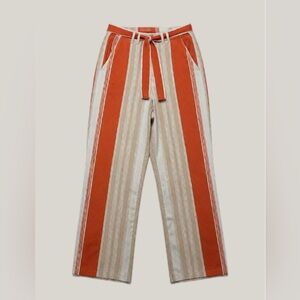 Forever 21 Contemporary Striped Wide Leg Belted Pants - Orange & Cream (M)